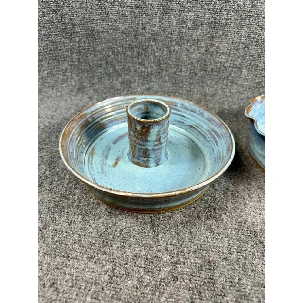 Handmade Ceramic Cake Stand Pedestal Pie Dessert Plate Blue Glaze Set of 2